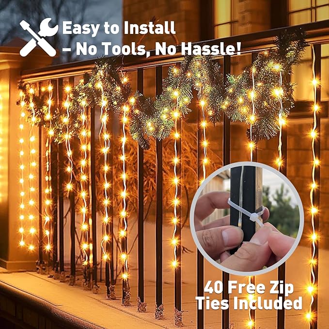 Curtain Lights for Stair Railing, 300 LED 20Ft x 3Ft Solar Powered Outdoor String Lights, Warm White Tangle-Free Decorative Light with 8 Modes for Stairs, Balcony, Fences, Eaves, Porch Décor