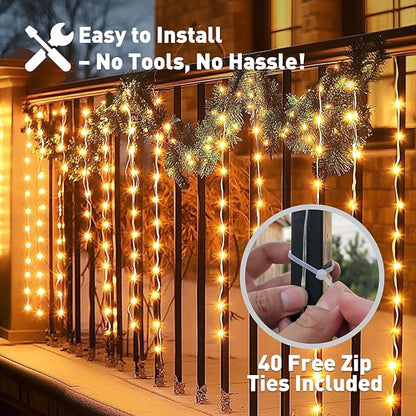 Curtain Lights for Stair Railing, 300 LED 20Ft x 3Ft Solar Powered Outdoor String Lights, Warm White Tangle-Free Decorative Light with 8 Modes for Stairs, Balcony, Fences, Eaves, Porch Décor