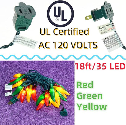 LUCKY SHINE 35 LED Red Green and Yellow Chili Pepper Lights, UL Listed Colored Decorative Lighting String 18 Ft, for Christmas, Thanksgiving, Easter, Kitchen, Patio, Living Room.