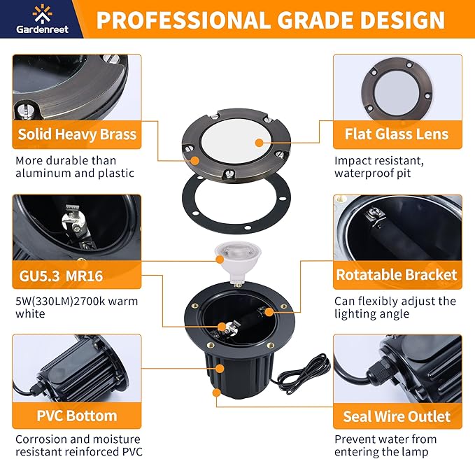 Gardenreet Brass Low Voltage Well Lights Kit(4 Pack) with 75W Transformer & MR16 Bulb & 100FT Wire & Connectors | Lumora