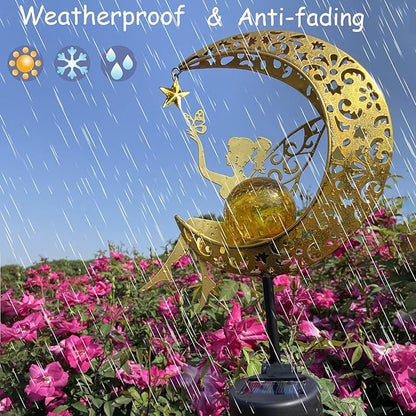 Solar Angel & Fairy Moon Waterproof Lights, Outdoor Garden Statues Decor, Outside Metal Yard Art Ornaments for Patio Lawn, Unique Gardening Gifts for Women Mom Grandma