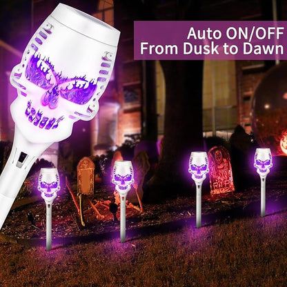 4Pcs Skull Light Solar Torch Light with Flickering Flam, Solar Halloween Lights, IP65 Waterproof, Solar Pathway Lights for Outside Garden Yard Patio Pathway Halloween Decoratrions