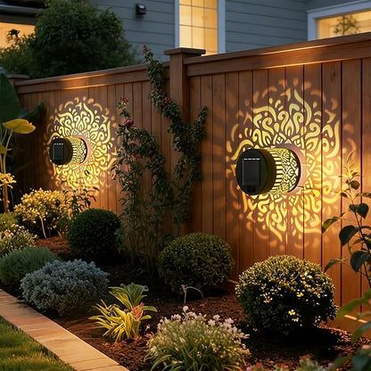 Decorative Solar Mandala Lights, Solar Mandala Lights Outdoor, Metal Waterproof LED Lamp for Garden Fence, Deck Steps, Patio Walls, Outdoor Landscape (2, Mandala Warm Light)