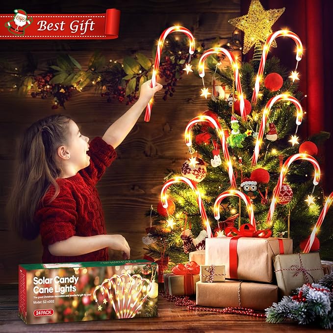 Christmas Decorations Outdoor, 24 Pack Solar Candy Cane Lights Christmas Yard Decorations with 10 Modes and Bright 144 LED, 28ft Longer Waterproof Candy Cane Pathway Lights Xmas Gift