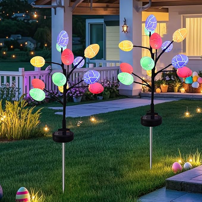 2pack Solar Outdoor Lights LED Easter Eggs Waterproof Solar Street Lights Outdoor with Stainless Steel Stakes, 2 Modes Led Solar Garden Light Solar Spot Light Outdoor Easter Decorations