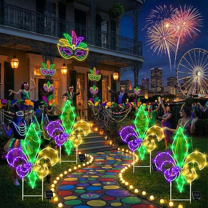 Retisee 3 Pack Mardi Gras Solar Outdoor Lights- Purple Green Gold Yard Stakes Lights, Fleur De Lis Metal Wire | Lumora