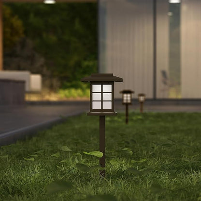 Merrick Lane Burleson Lantern Style All-Weather Outdoor LED Solar Lights, Brown Solar Powered Lights for Pathway, Garden, & Yard - Set of 8