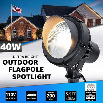 SUNVIE 40W Spot Lights Outdoor 120V LED Plug in Spotlight Outdoor 4000LM Ultra Bright Flag Pole Light 3000K Warm White Landscape Spotlights for Yard House Tree Lawn Signage, with Stake & 5.5FT Cord