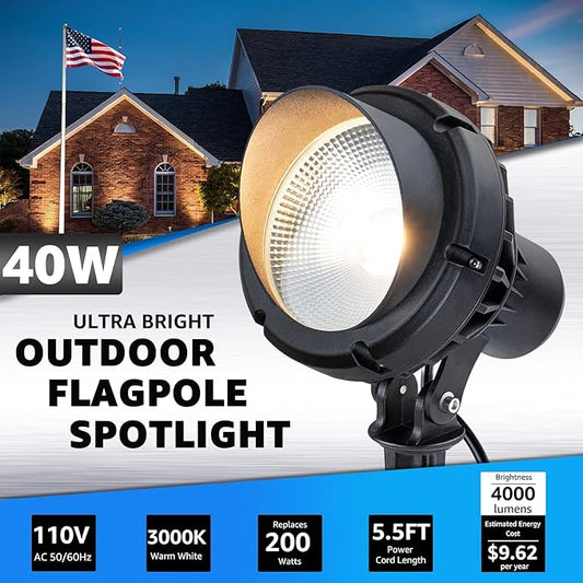 SUNVIE 40W Spot Lights Outdoor 120V LED Plug in Spotlight Outdoor 4000LM Ultra Bright Flag Pole Light 3000K Warm White Landscape Spotlights for Yard House Tree Lawn Signage, with Stake & 5.5FT Cord