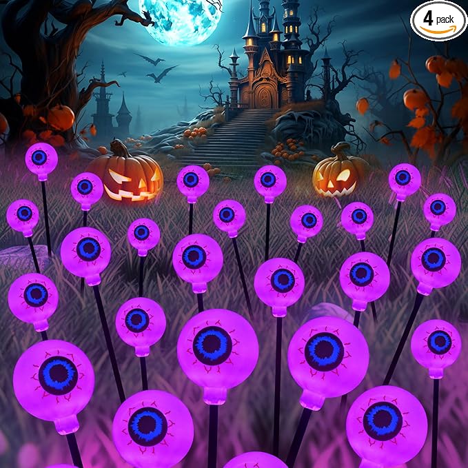 KerKoor Solar Halloween Lights Outdoor Decorations - 4 Pack 32 LED Solar Eyeball Lights for Yard, Scary Eyeballs Halloween Light for Outside, Pathway, Walkway, Landscape, Garden, Party Decor (Purple)