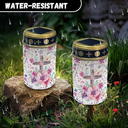 Flower Cross Solar Light Outdoor for Cemetery, Waterproof Garden Lights Solar Powered, Solar Lights for Garden, Balcony, Yard, Gifts for Memorial