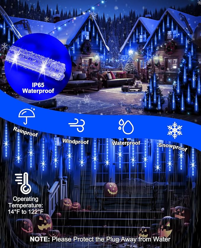 Christmas Lights Outdoor 16 Inch Meteor Shower Rain String Lighting, 20 Tube 960 LEDs Icicle Tree String Decor for Halloween Yard Party Patio Xmas Decoration,Blue