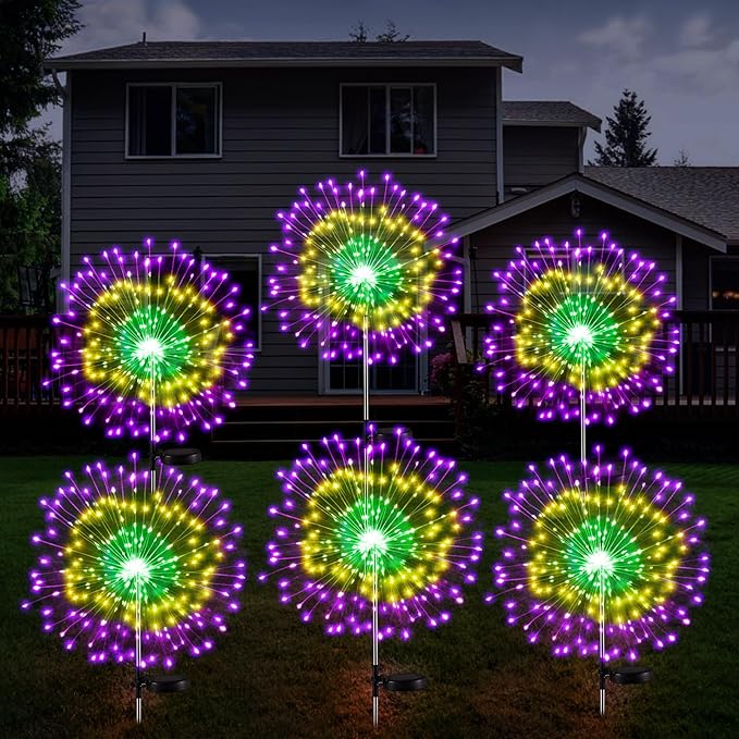 6 Pcs Mardi Gras Solar Firework Lights Solar Lights Outdoor Garden 120 LED 8 Modes Waterproof LED Sparkler Outdoor for Carnival Patio Yard Pathway Walkway (Carnival Color)