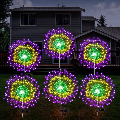 6 Pcs Mardi Gras Solar Firework Lights Solar Lights Outdoor Garden 120 LED 8 Modes Waterproof LED Sparkler Outdoor for Carnival Patio Yard Pathway Walkway (Carnival Color)