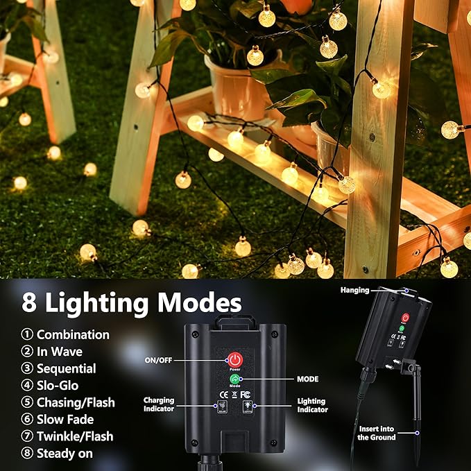 Joomer Solar Powered String Lights,39FT 60 LED Outdoor Solar String Lights Crystal Ball Lights 8 Modes Solar Globe Lights for Garden, Gazebo, Porch, Lawn, Patio, Tree Decor (Warm White)