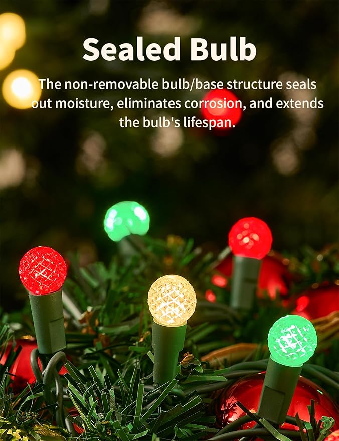 BOHON Christmas Lights 17FT 50 LED Faceted G15 Red White and Green String Lights Outdoor Plug in Commercial Lighting Grade Tree Decorations for Indoor Xmas Decor, Green Wire, Waterproof