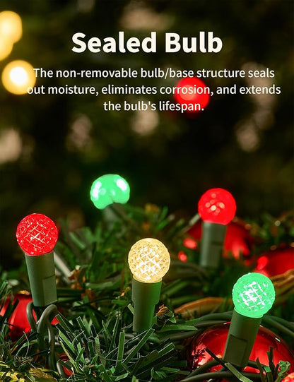 BOHON Christmas Lights 17FT 50 LED Faceted G15 Red White and Green String Lights Outdoor Plug in Commercial Lighting Grade Tree Decorations for Indoor Xmas Decor, Green Wire, Waterproof