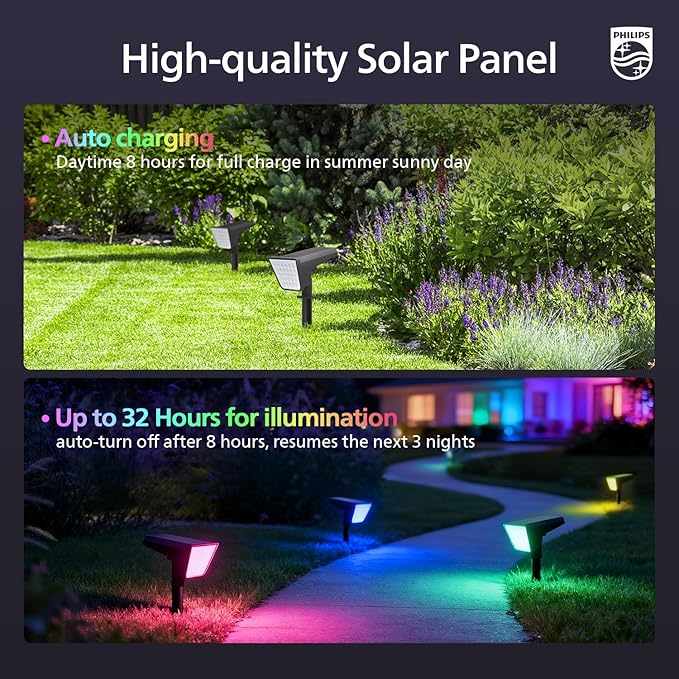Philips 4 Packs Solar RGBW Spot Lights Outdoor, 18 LED Solar Powered Landscape Lights, 9 Lighting Modes | Lumora
