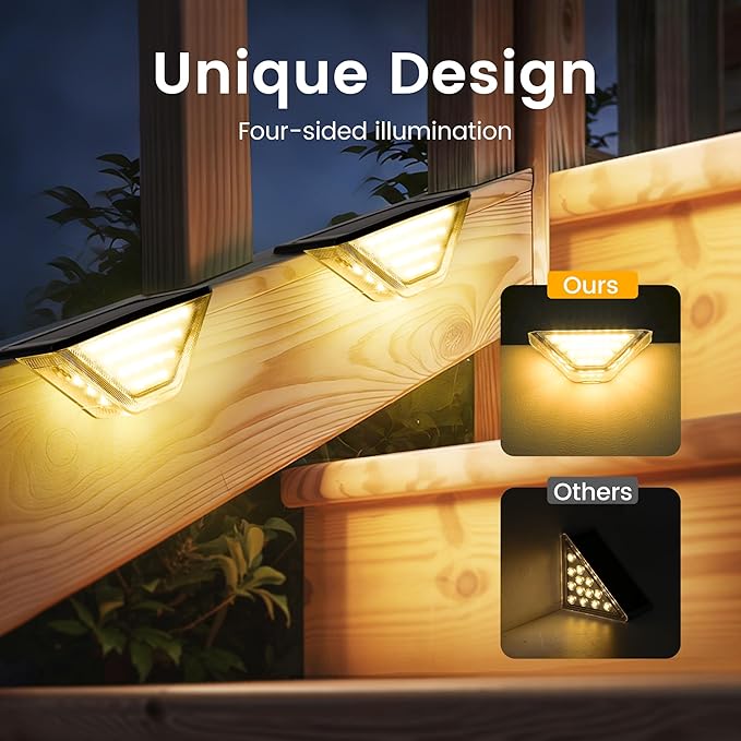SOLPEX 6 Pack Four-Sided Illumination Solar Step Lights for Outside, Solar Stair Lights Outdoor, Solar Railing Lights Outdoor Waterproof with 33 LEDs for Steps, Stair, Deck, Porch (Warm White)