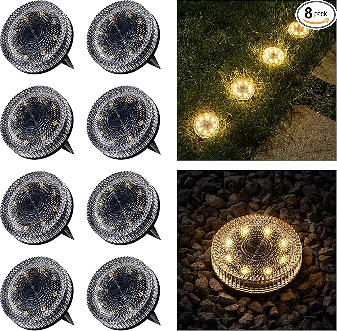 Glass Solar Pathway Lights with Bubble Style, Modular-Design Waterproof In-Ground Light for Patio Pathway Lawn Yard Deck Walkway, Decorative Disk Lighting for Garden Bed, Warm White (8 Pack)