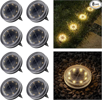 Glass Solar Pathway Lights with Bubble Style, Modular-Design Waterproof In-Ground Light for Patio Pathway Lawn Yard Deck Walkway, Decorative Disk Lighting for Garden Bed, Warm White (8 Pack)