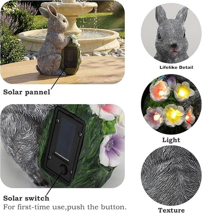 PETAFLOP Solar Garden Rabbit Statue Decor, Easter Bunny Figurine with Flower Lights for Yard, Patio, Pathway, Lawn, Patio, Balcony