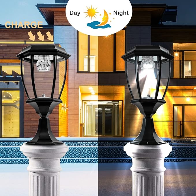 Kendal Solar Post Lights Outdoor, Waterproof Fence Solar Powered Pillar LED Light, Solar Deck Post Lights Decorations Porch Railing Patio with Clear Glass Hexagonal Base (Black)