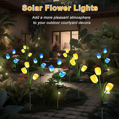 Garden 4 Pack LED Solar Flower Lights with More Realistic Tulips Flowers Solar Garden Lights Outdoor Waterproof for Yard Patio Lawn Pathway Walkway Decoration Yellow & Blue Combo