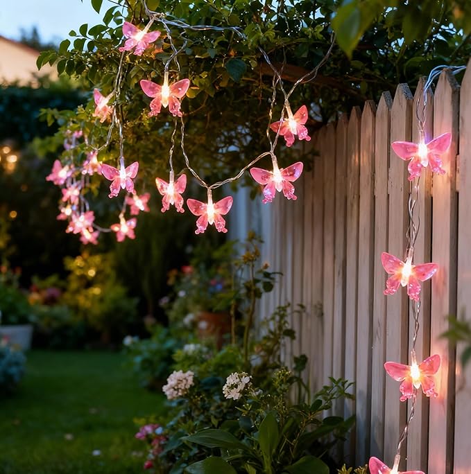 Vigdur 2 Pack Solar Butterfly String Lights Outdoor, 10 LED 2-Color (Purple & Pink) Butterfly Fairy Lights, IP44 Waterproof for Windows, Fences, Patios, Christmas, Weddings & Party Decor (Warm White)
