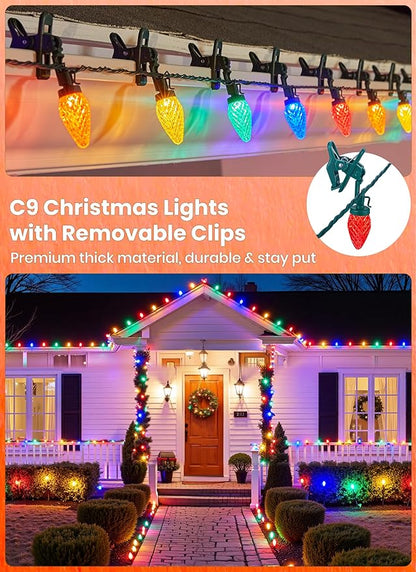C9 LED Christmas Lights Outdoor, 68Ft 100 LED String Lights with Quick Clips, Commercial Grade Extendable Waterproof Outdoor Christmas Lights for House Outside Roofline Xmas Decorations, Multicolor