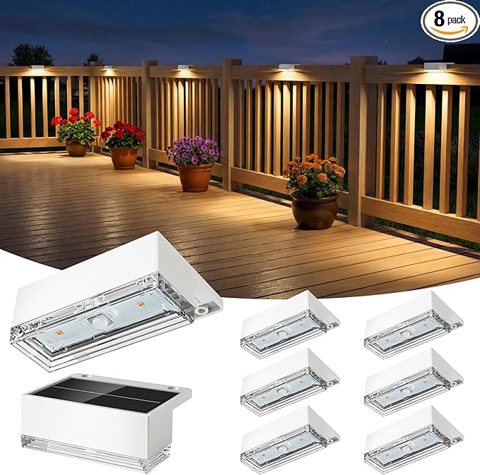 Solar Deck Lights 8 Pack, 3 Color Modes Soft Warm/Natural/Cool Glow, IP65 Waterproof Step Lights for Outdoor Ambiance, Solar Lights for Fence, Deck, Railing, Patio & Backyard Decor (White)