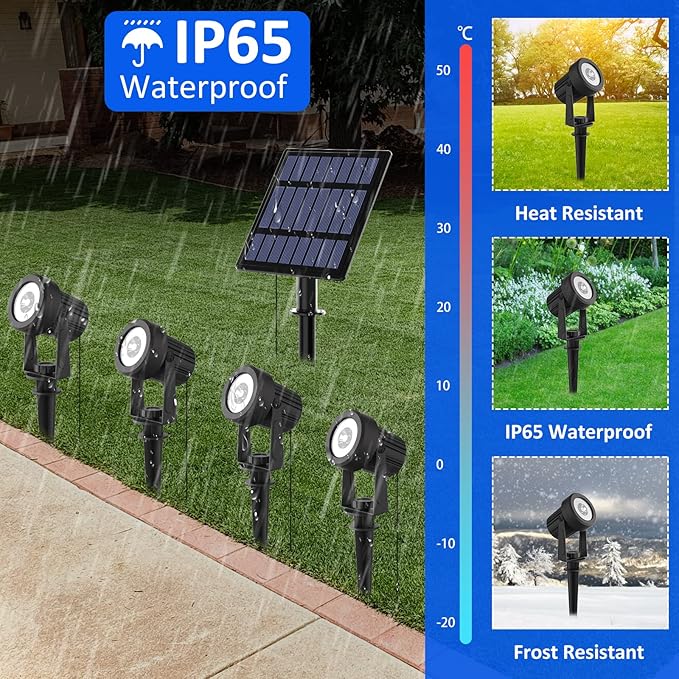 T-SUNUS Solar Christmas Spotlight Outdoor Warm White 3000K, 4-in-1 Spot Lights IP65 Waterproof 9.8ft Cable 5W | Lumora