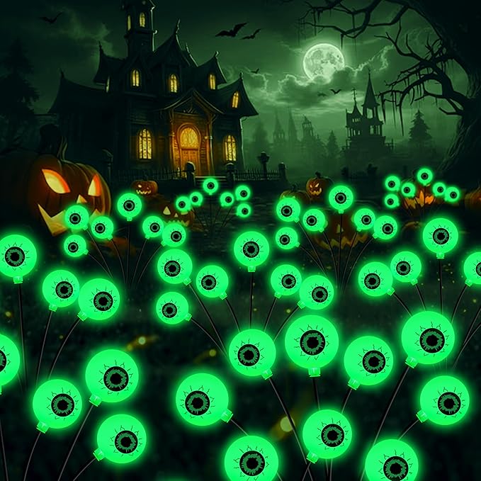 Kohlrabi Halloween Decorations Outdoor, 4 Pack 24 LED Solar Scary Eyeball Swaying Lights, Green Solar Firefly Lights Waterproof Outdoor Garden Light for Halloween Yard Garden Lawn Party Flower Bed