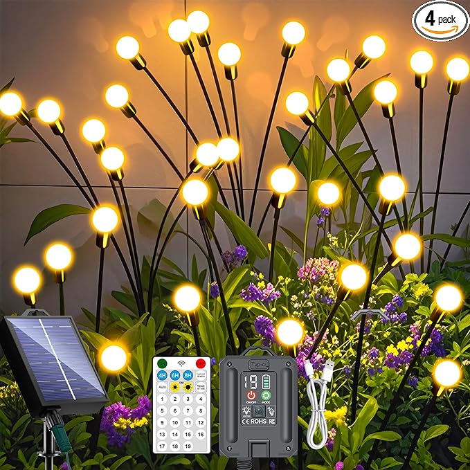 New Upgraded Solar Firefly Lights Outdoor Waterproof 6 Pack 48 LED 19 Modes USB Rechargeable Solar Garden Lights with Remote Timer Dimmable for Yard Patio Landscape Outside Decorations Light, Warm