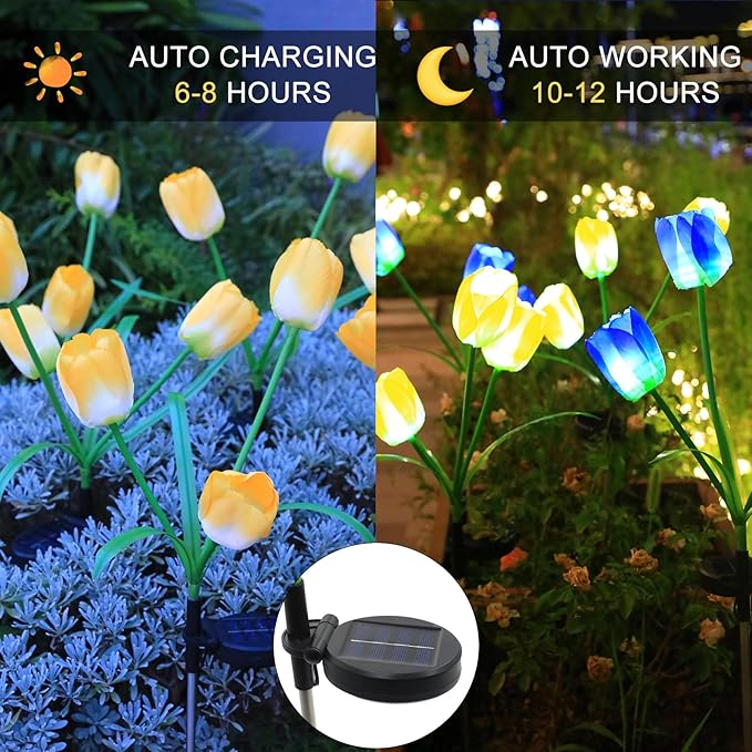 Garden 4 Pack LED Solar Flower Lights with More Realistic Tulips Flowers Solar Garden Lights Outdoor Waterproof for Yard Patio Lawn Pathway Walkway Decoration Yellow & Blue Combo