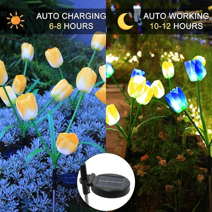 Garden 4 Pack LED Solar Flower Lights with More Realistic Tulips Flowers Solar Garden Lights Outdoor Waterproof for Yard Patio Lawn Pathway Walkway Decoration Yellow & Blue Combo