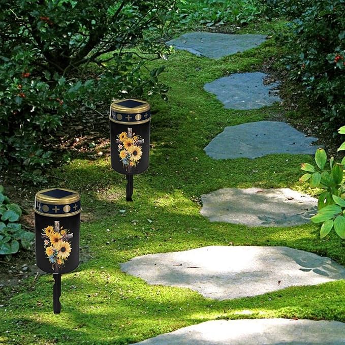 Cross-Sunflower Solar Lights Outdoor Garden Stake Lights Waterproof Cemetery Solar Lights for Grave Landscape Lighting Outdoor Table Lamp Flameless Lights Warm White LED Lantern