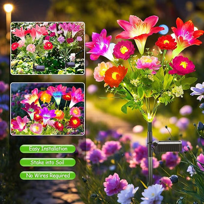 GARPAR Solar Flowers Lights Outdoor Waterproof, Upgraded 2 Pack Solar Garden Lights with 6 Lily & 14 Lotus, Bigger Solar Panel, Bright Color Changing Outdoor Decor for Outside Yard Patio, Gift