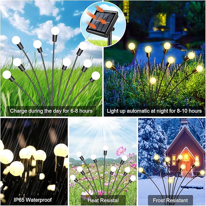 New Upgraded Solar Firefly Lights Outdoor Waterproof 6 Pack 48 LED 19 Modes USB Rechargeable Solar Garden Lights with Remote Timer Dimmable for Yard Patio Landscape Outside Decorations Light, Warm
