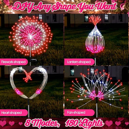 4 Pack Valentines Day Solar Firework Lights 180 LED 8 Lighting Modes Waterproof Solar Lamps Decorative Garden Stake Lights for Valentines Wedding Party Pathway Patio Decor