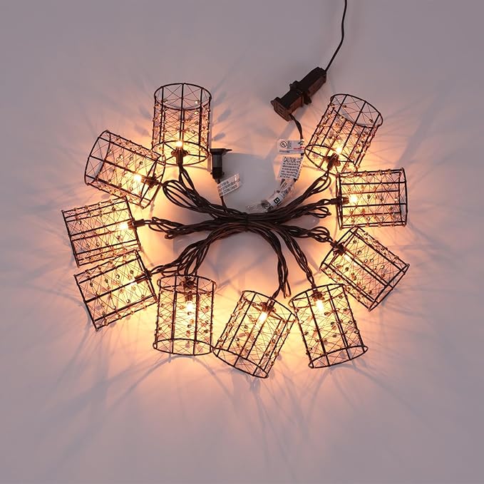Outdoor Patio String Lights Plug in with 10 Incandescent Bulbs, Handwoven Beaded Copper Wire Style Decorative Lantern String Lights Connectable Weatherproof for Pergola, Porch, Mantel, Indoor Decor