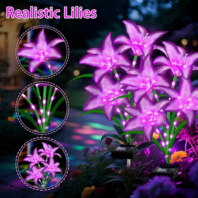 Solar Garden Lights 4 Pack 16 Purple Lily Flowers, Gifts for Mom Woman Birthday Outdoor Solar Flower Lights,Cemetery Flowers for Grave - Decorative Lilies for Yard, Patio, Pathway Decorations