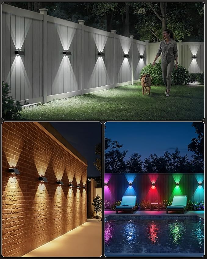 Bridika Solar Fence Lights Outdoor, 6 Pack Up and Down Wall Light, 8 Colors Lens LED Dusk to Dawn Solar Lights Outdoor Waterproof for Patio, Deck, Backyard, Garden