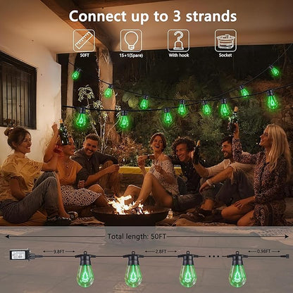 LED Outdoor String Lights, 50FT Patio Lights with 16Pcs Shatterproof S14 Bulb(1 Spare),4 Lighting Mode, Connectable, Waterproof Green Edison Plastic Bulb Hanging Light for Yard Gazebo Porch Décor
