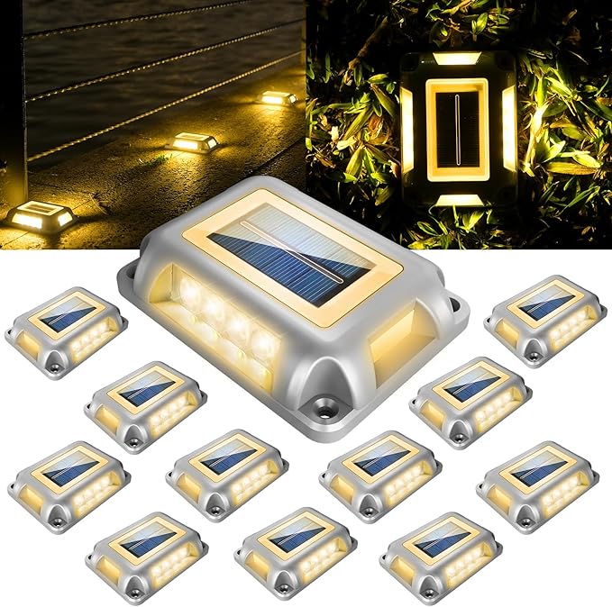 T-SUN Solar Dock Lights, Solar Driveway Lights Outdoor, 12 Pack LED Ground Driveway Light 3000K Warm White Deck Light for Path Garden Sidewalk Stair Ground Pathway