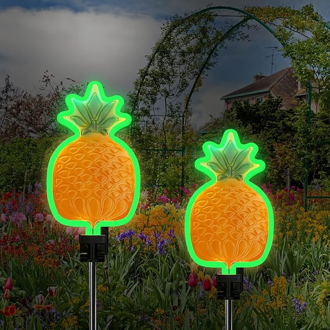 ANGMLN Solar Pineapple Neon Light - 2 Metal Garden Stake Lights 42 inch Path Lighting for Garden Yard Lawn Patio Walkway Decor