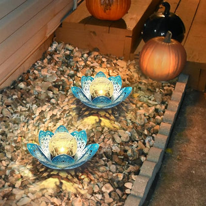 2 Pack Solar Lights Outdoor Garden 6.3 " Glass Lotus Lamp Waterproof LED Metal Flower Lights Outdoor Garden Table Decor for Outside Balcony, Patio, Deck, Porch, Walkway
