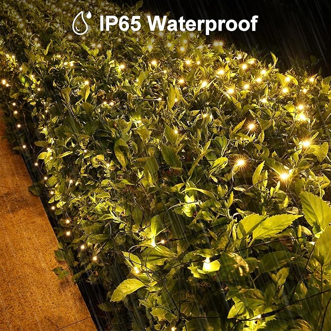 Solar LED Net Lights 9.8 x 6.6Ft, 200 LEDs Net Mesh Lights, Solar Outdoor Bush Mesh Light Dark Green Cable with 8 Modes for Trees Bushes Garden Yard Decoration - Warm White