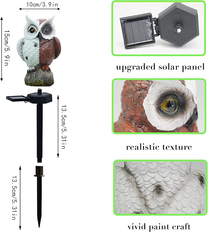 2 Pack Garden Solar Light Outdoor Decor, Resin Owl Solar LED Light with Stake, Animal Waterproof Light for Flower Fence Lawn Passage Walkway Courtyard Party Decoration, Owl (White+Brown)