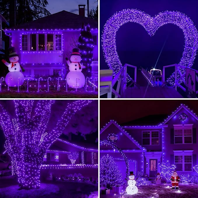 QITONG Purple Solar Christmas Lights, 2 Pack Each 66ft 200 LED Christmas String Lights Outdoor Waterproof, 8 Modes Green Wire Twinkle Lights for Outside